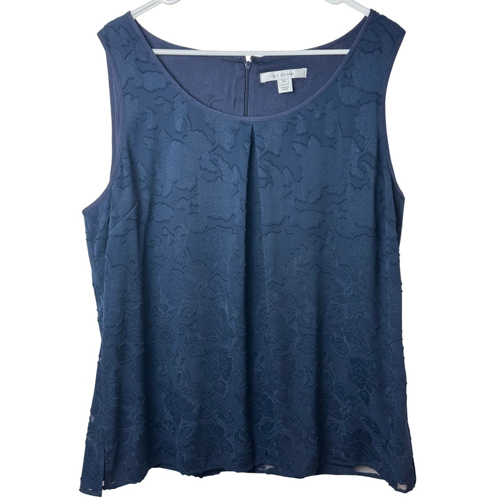 St. John Navy Floral Jacquard Sleeveless Blouse